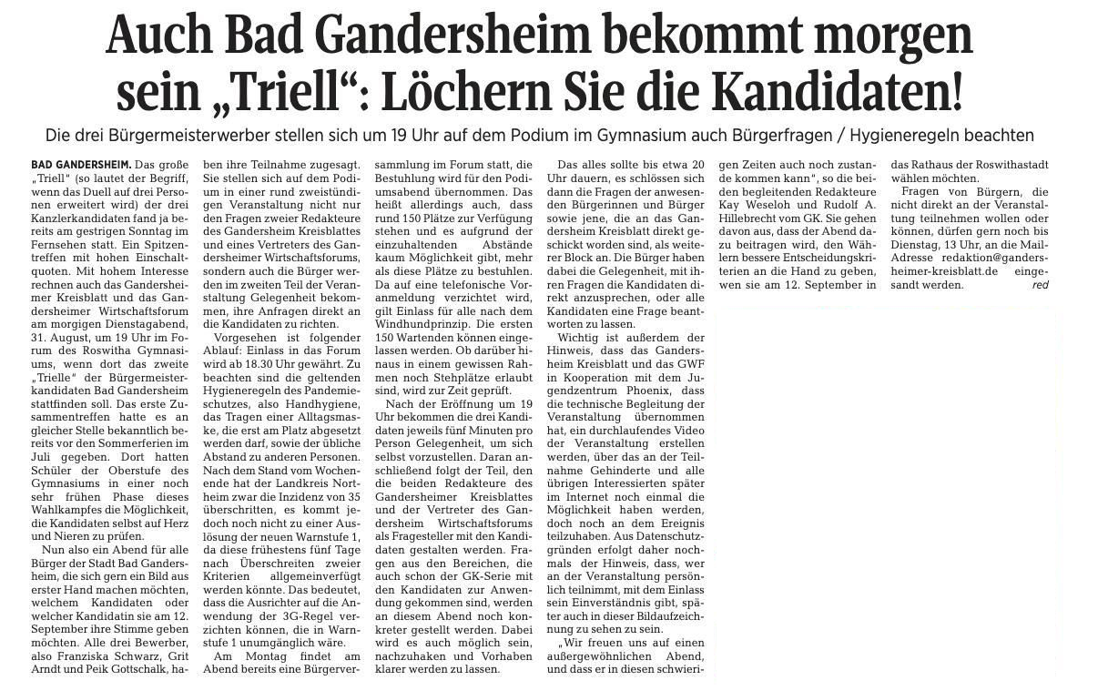Triell in Bad Gandersheim: Die drei Bürgermeisterwerber stellen sich um 19 Uhr auf dem Podium des Gymnasiums ihren Fragen